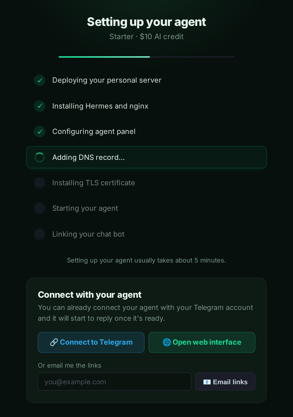 The deploy screen showing setup progress and a “Connect to Telegram” button