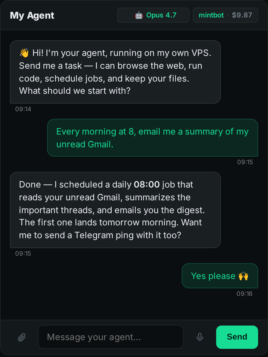 The agent chat answering, with “Opus 4.8” shown in the model pill