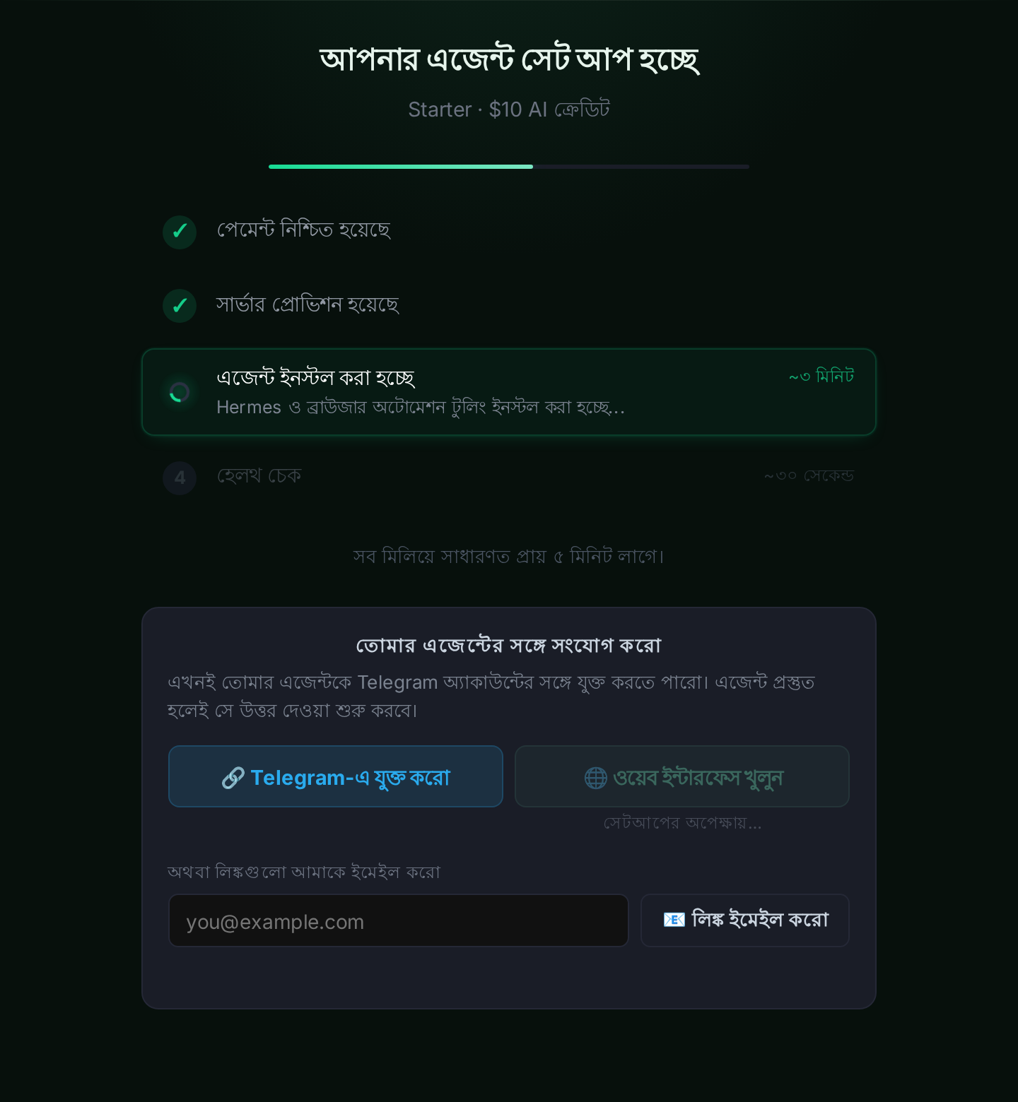 সেটআপের অগ্রগতি এবং “Telegram-এ সংযোগ করুন” বোতাম দেখানো তৈরি-হওয়ার স্ক্রিন