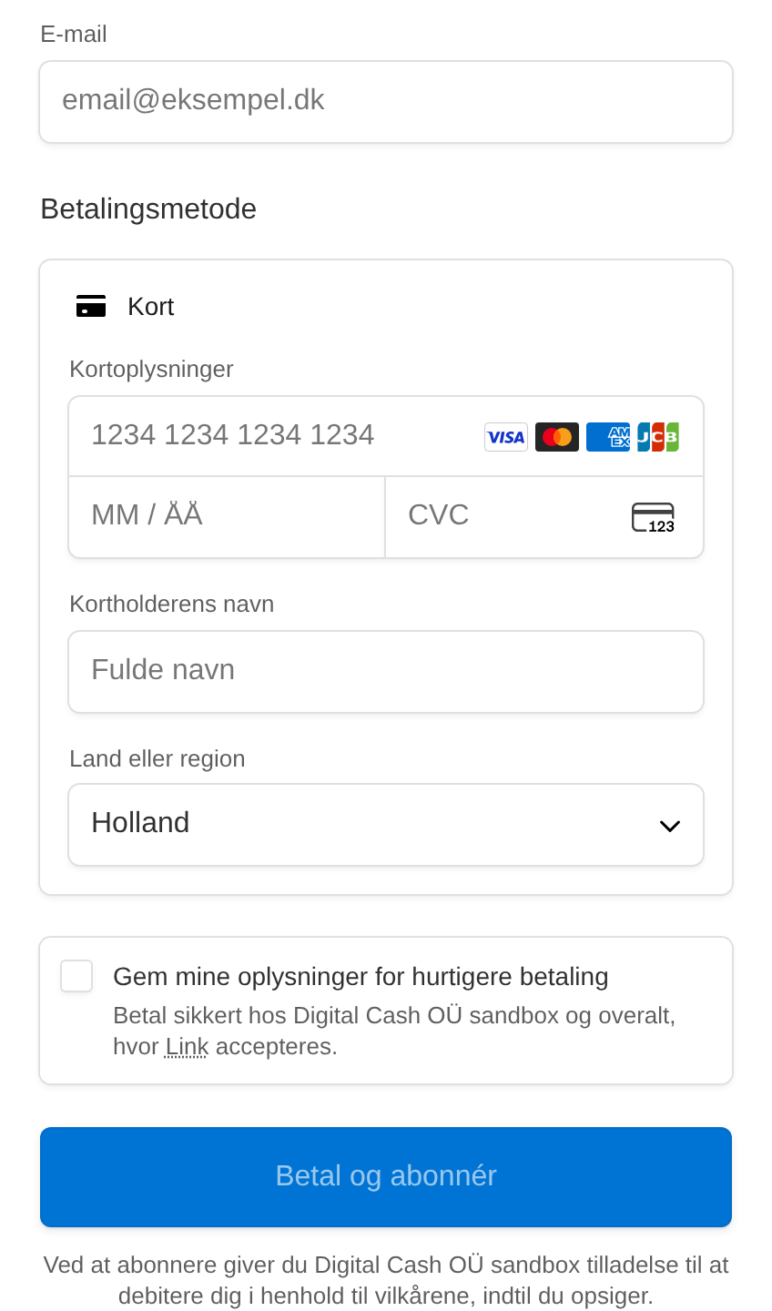 Stripes sikre formular til kortoplysninger