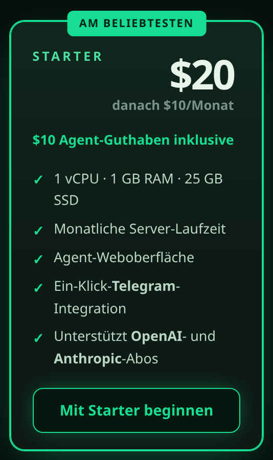 Die Starter-Tarifkarte mit einem „Mit Starter beginnen“-Button
