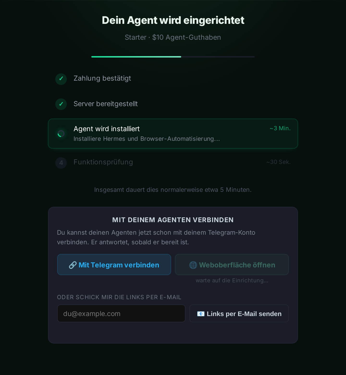 Der Deploy-Bildschirm mit Einrichtungsfortschritt und einem „Mit Telegram verbinden“-Button