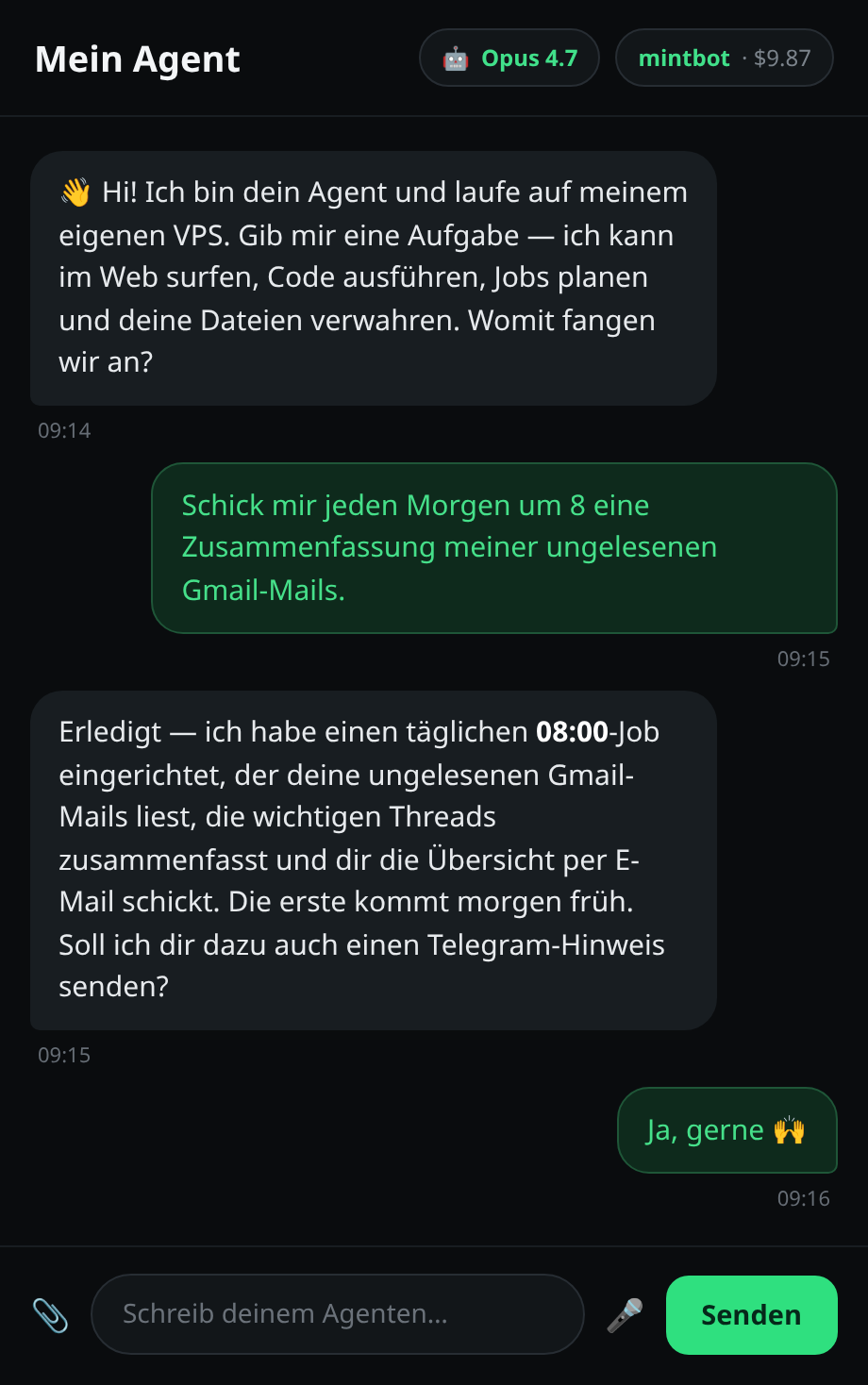 Der Agenten-Chat antwortet, mit „Opus 4.8“ in der Modell-Pille