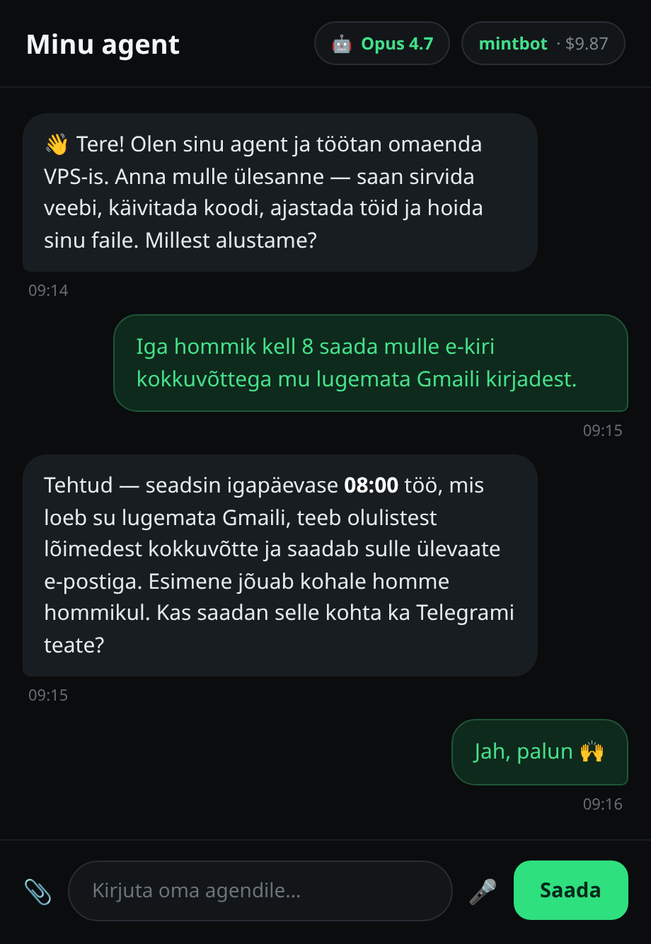 Agendi vestlus vastab, mudelisildil on näha “Opus 4.8”