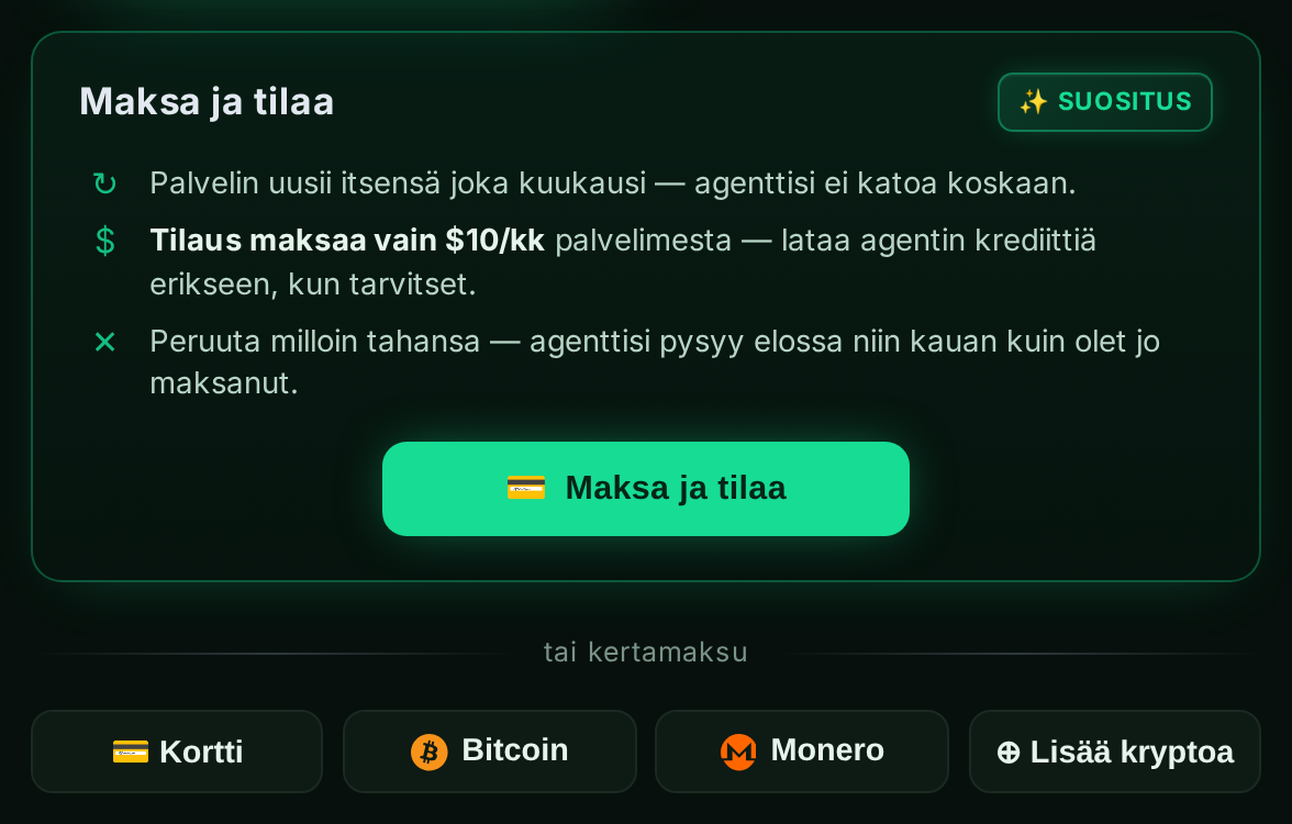 “Maksa ja tilaa” -paneeli, jossa on kortti- ja kryptovaihtoehdot