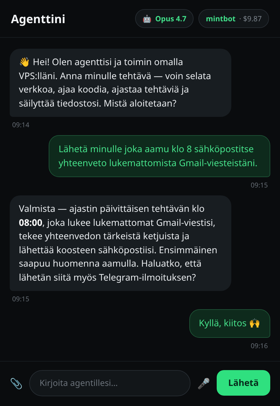Agenttichat vastaamassa, ja “Opus 4.8” näkyy mallipillerissä