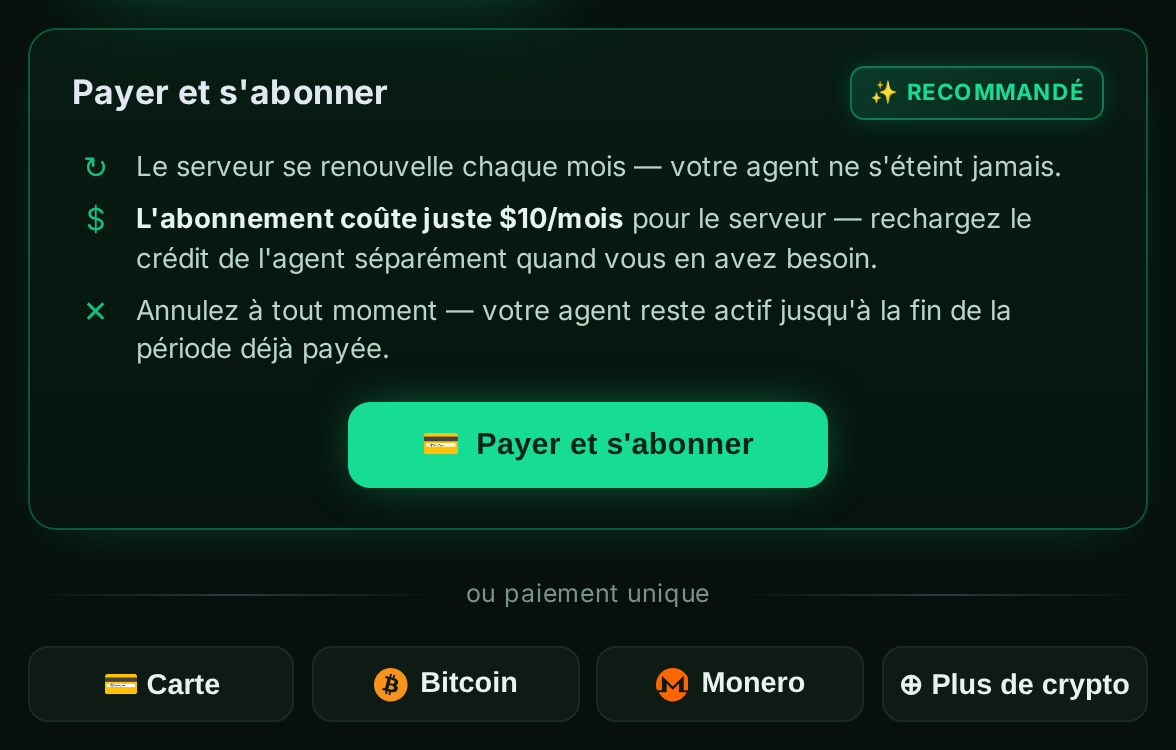 Le panneau “Payer et s'abonner” avec des options carte et crypto