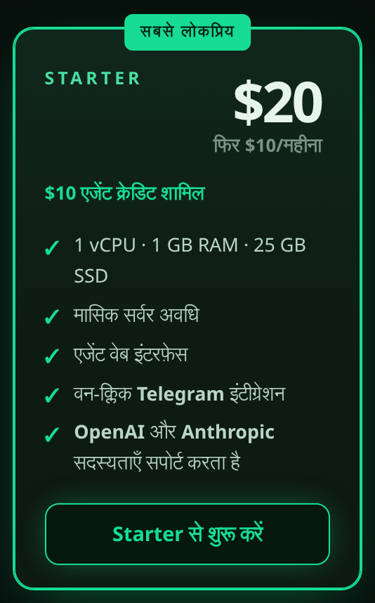 “Starter से शुरू करें” बटन वाला Starter प्लान कार्ड