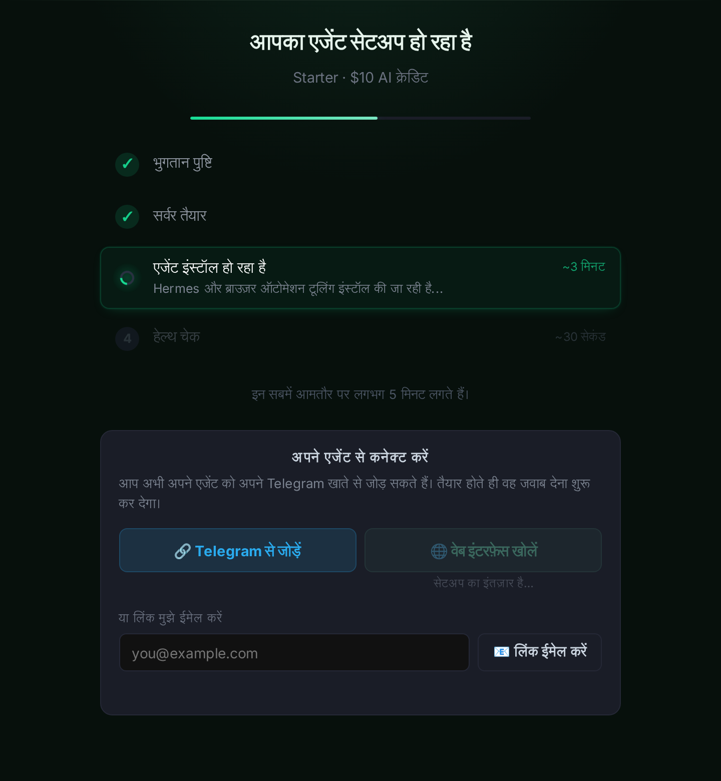सेटअप की प्रगति और “Telegram से कनेक्ट करें” बटन दिखाती तैयार-होने की स्क्रीन