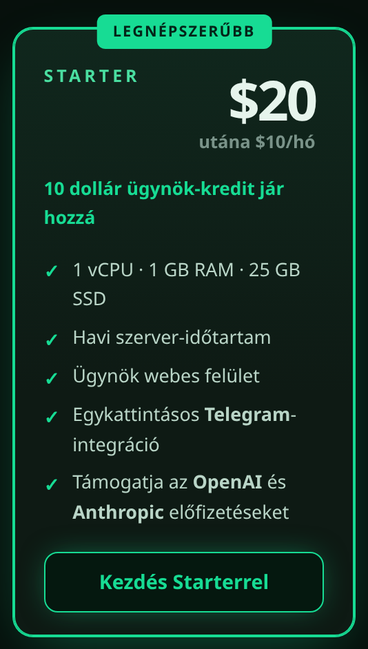 A Starter csomag kártyája “Kezdés Starterrel” gombbal