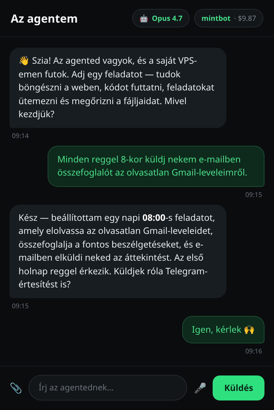 Az agent chatben válaszol, a model pillben “Opus 4.8” látható