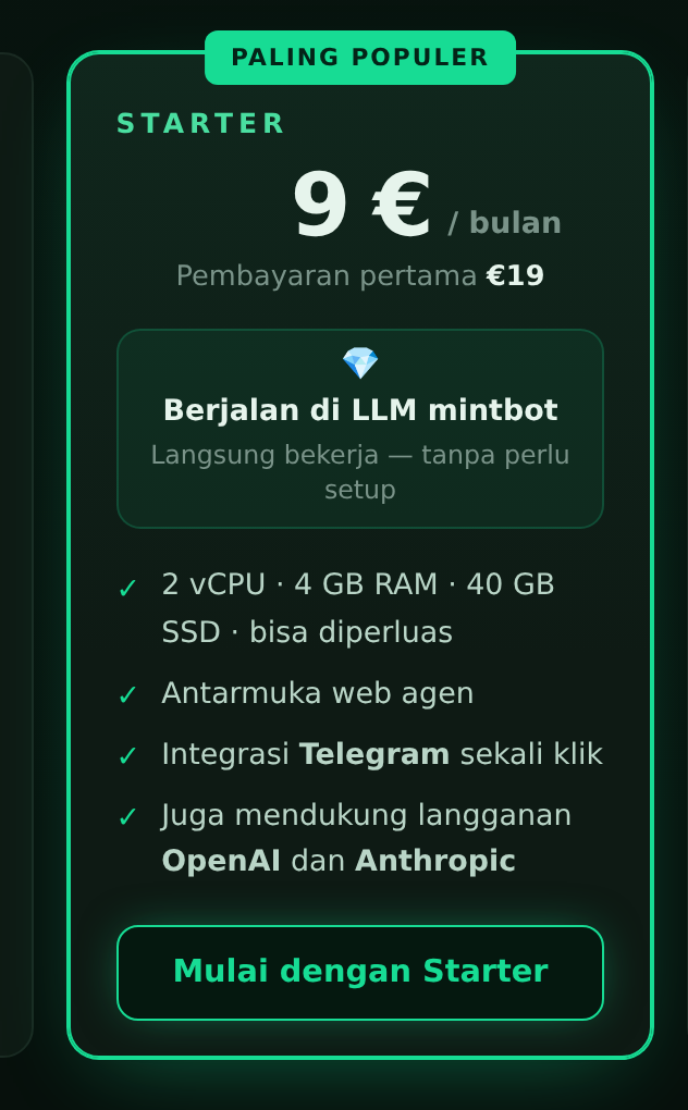 Kartu paket Starter: 9 €/bulan, pembayaran pertama 19 €, dan tombol “Mulai dengan Starter”