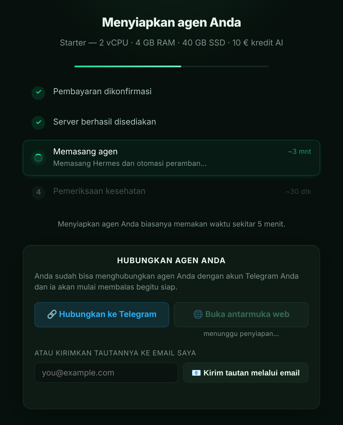 Layar pemasangan dengan progres dan tombol “Hubungkan ke Telegram” serta “Buka antarmuka web”
