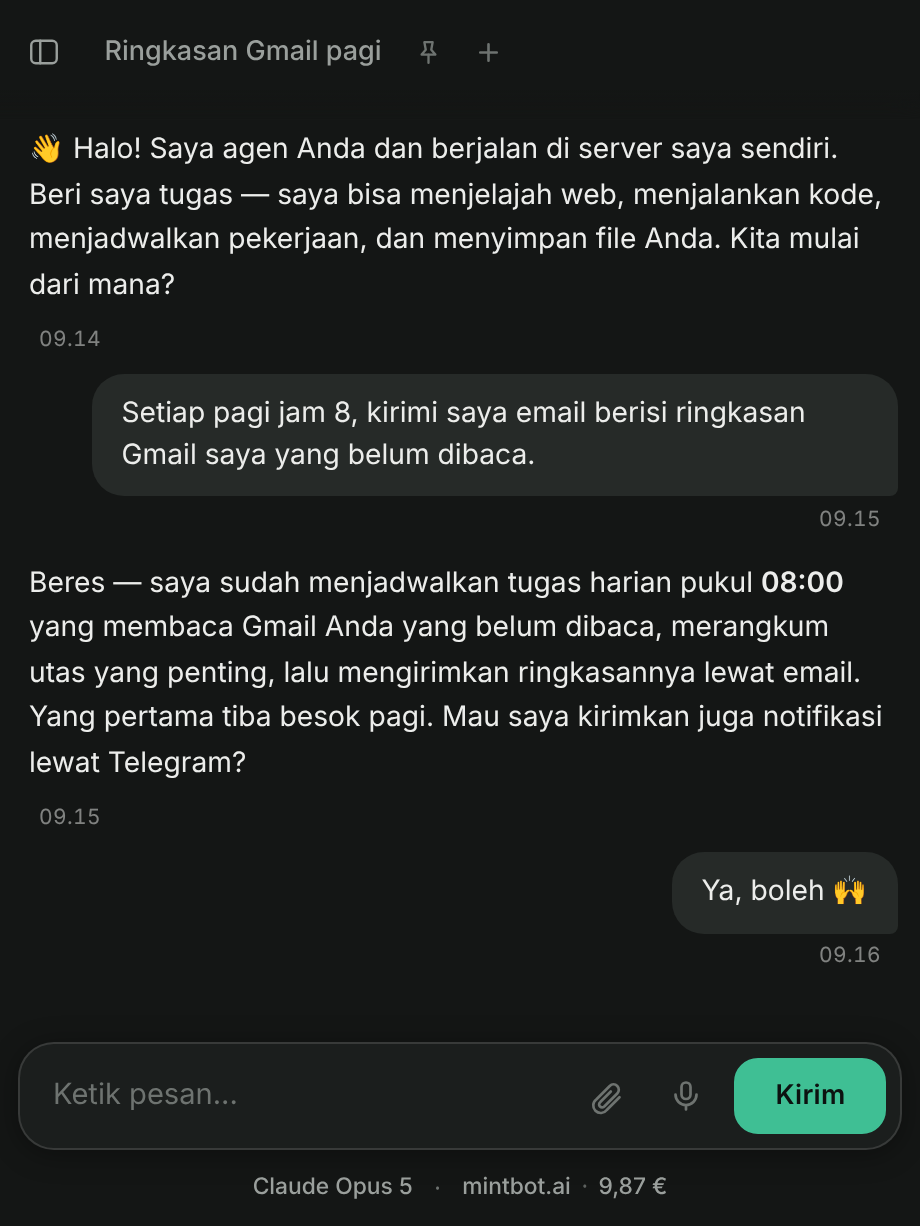 Obrolan agen sedang menjawab, dengan Claude Opus 5 di label di bawah kotak pesan