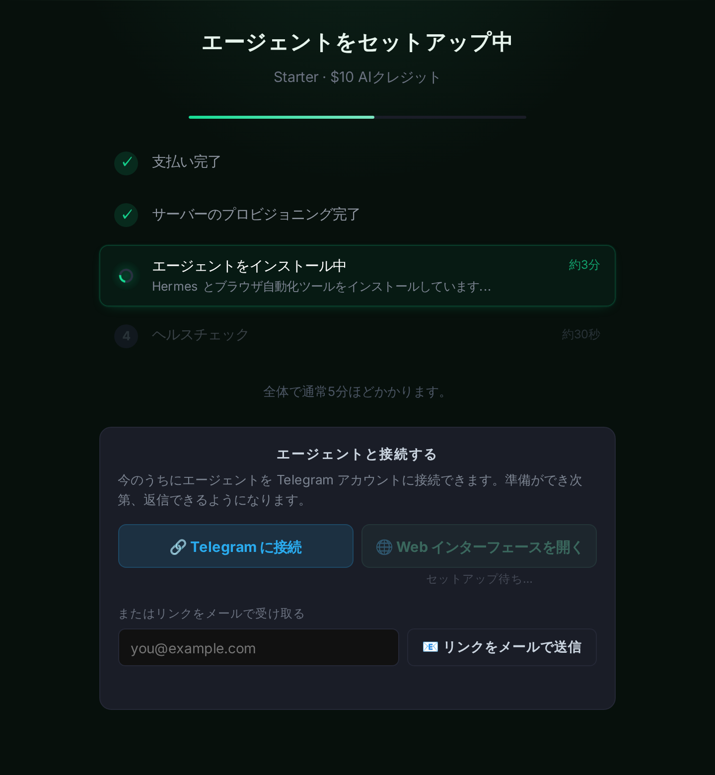 セットアップの進行状況と「Telegramに接続」ボタンが表示された構築画面