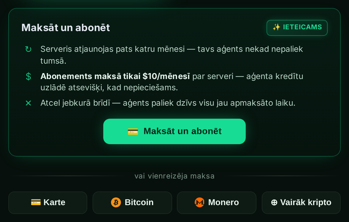 “Maksāt un abonēt” panelis ar kartes un kripto iespējām