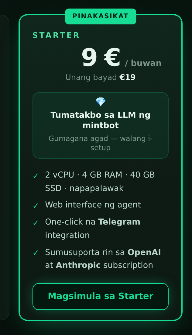Ang card ng Starter plan: 9 €/buwan, unang bayad na 19 €, at ang button na “Magsimula sa Starter”