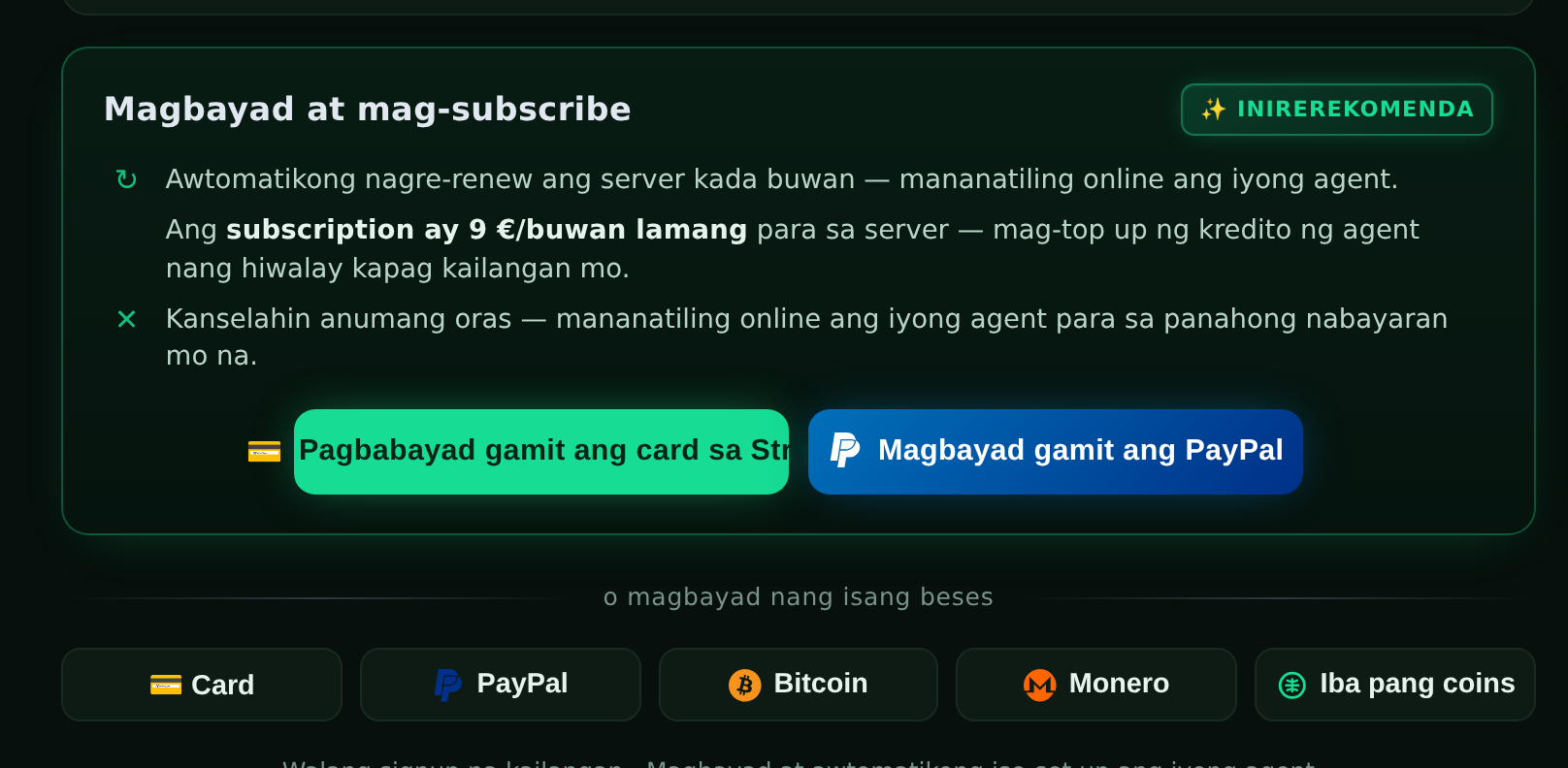 Ang panel na “Magbayad at mag-subscribe” na may mga button para sa card sa Stripe at PayPal, at mga opsyon sa isang beses na bayad sa ibaba