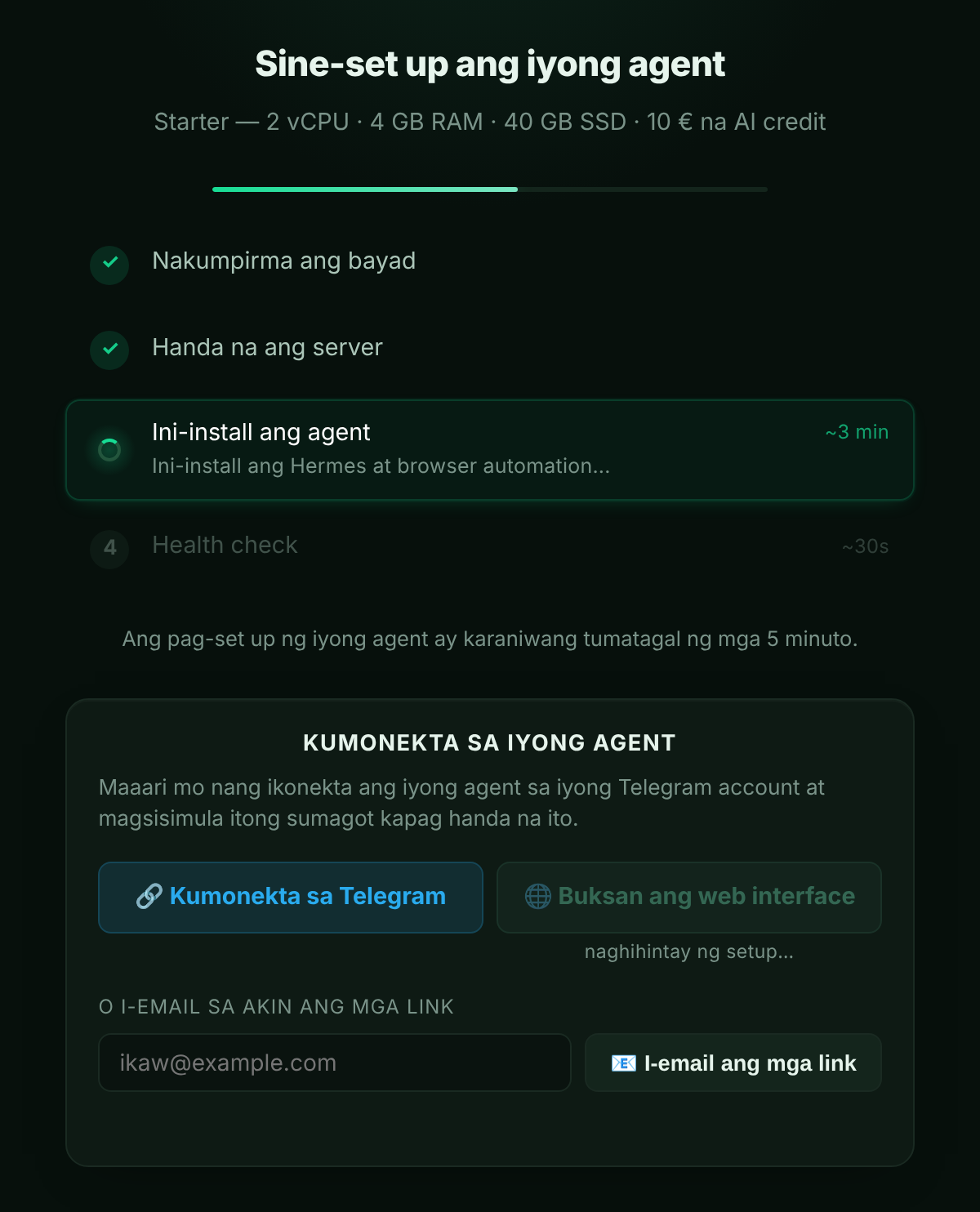 Ang deploy screen na may progreso ng setup at mga button na “Kumonekta sa Telegram” at “Buksan ang web interface”