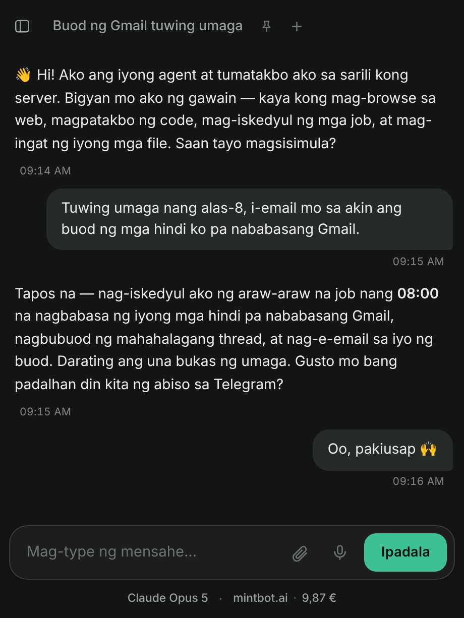 Sumasagot ang chat ng agent, at ipinapakita ng pill sa ilalim ng message box ang Claude Opus 5