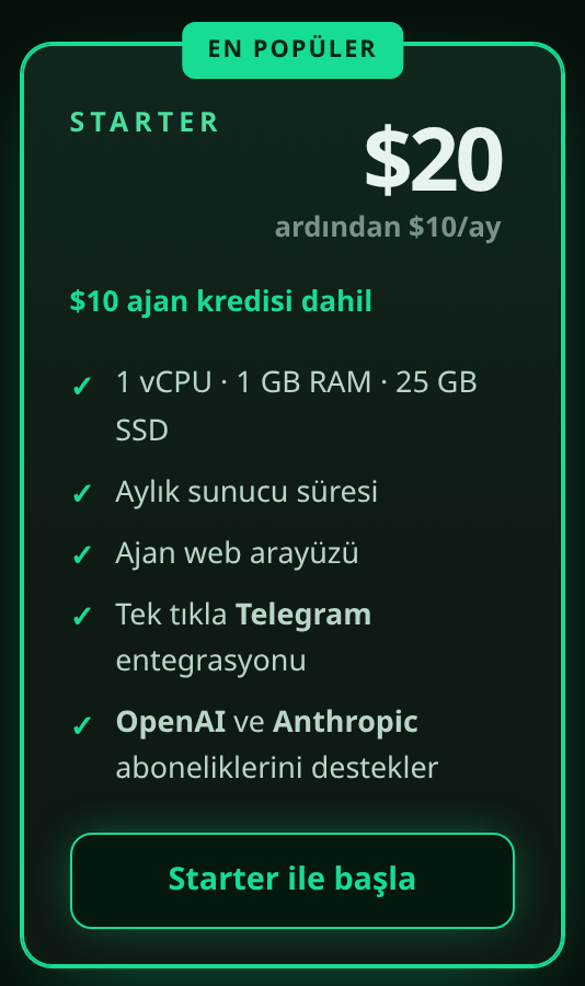 “Starter ile başla” düğmeli Starter plan kartı
