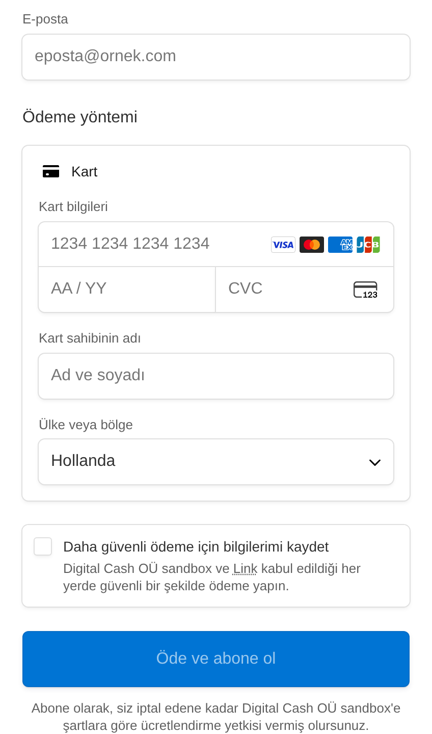 Stripe’ın güvenli kart giriş formu
