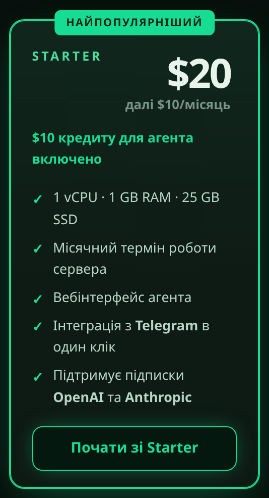 Картка плану Starter з кнопкою “Почати зі Starter”