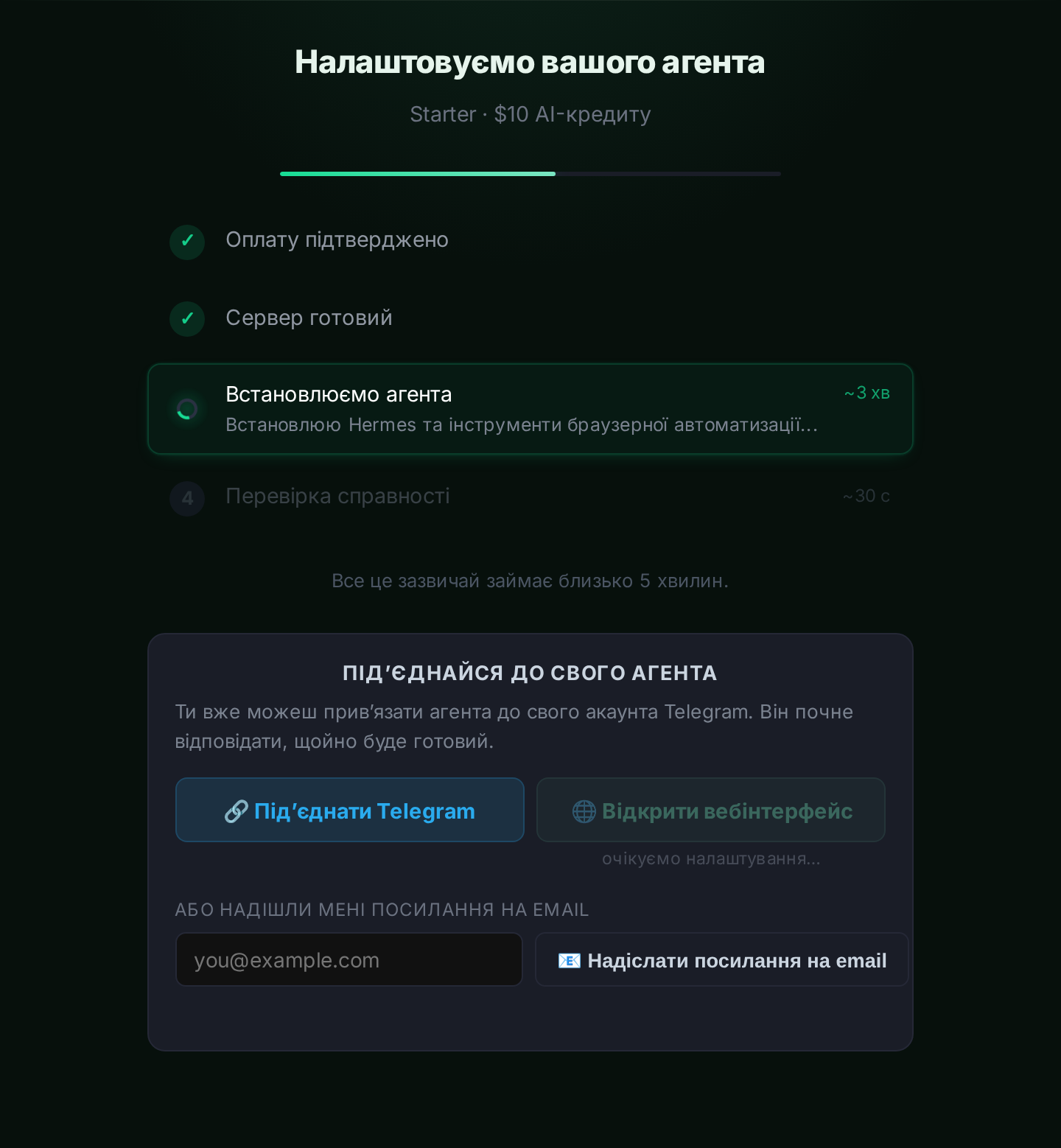Екран розгортання з прогресом налаштування і кнопкою “Підключити Telegram”